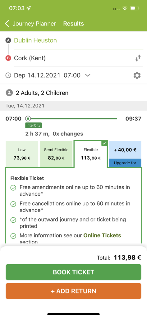 Écran de l'application Irish Rail affichant les prix des billets de train et les options de réservation pour un trajet de Dublin à Cork.