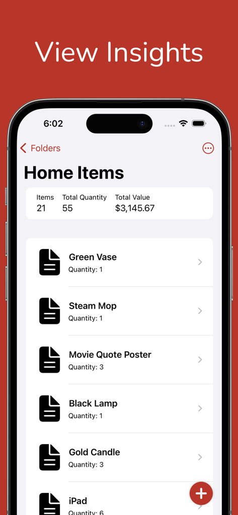 Stockroom Inventory Plus - Stockroom app interface showing inventory insights with total item quantity and value summary