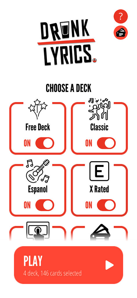 The deck selection screen of the Drunk Lyrics app showing options for Free Deck Classic Espanol and X Rated categories