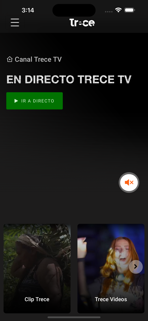TrecePlus - Interfaz de la app TrecePlus mostrando la sección de TV en vivo con un botón para ver las transmisiones de Canal Trece