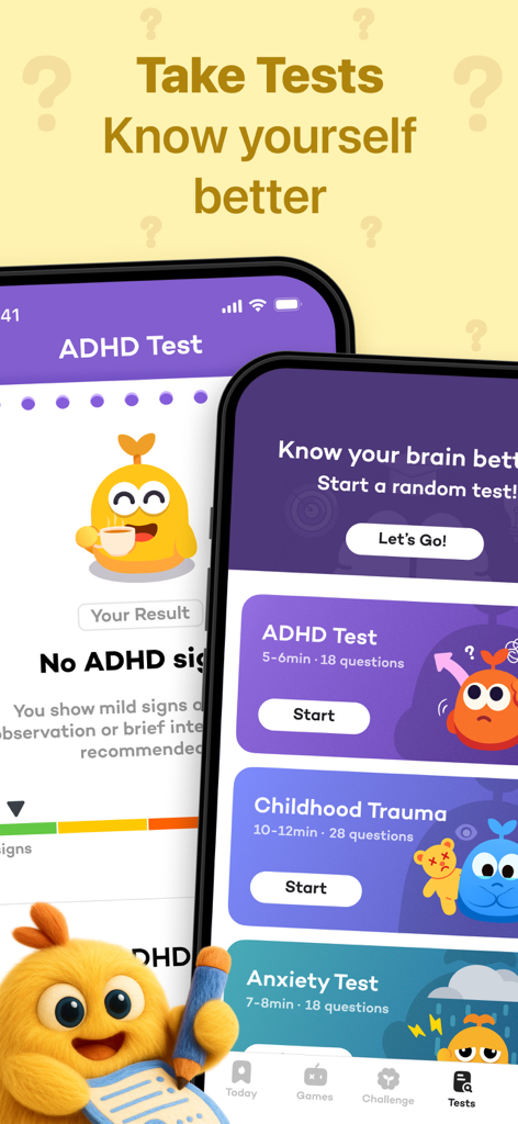 BrainBloom - BrainBloom app interface displaying mental health self-assessment tests including ADHD and anxiety