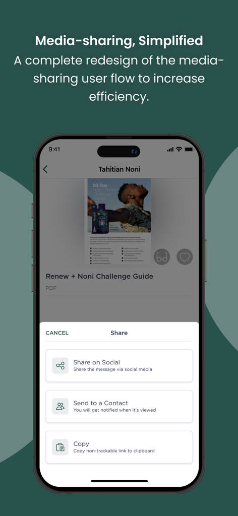 Partner.Co Share - Écran de l'application Partner.Co Share montrant des options de partage de médias simplifiées pour le matériel marketing telles que le partage sur les réseaux sociaux et l'envoi aux contacts.