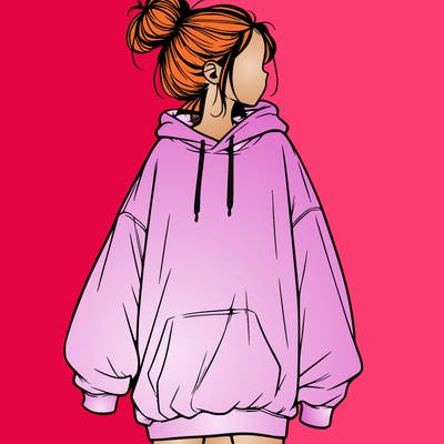 realistic girl with a oversized sweatshirt on and a bun