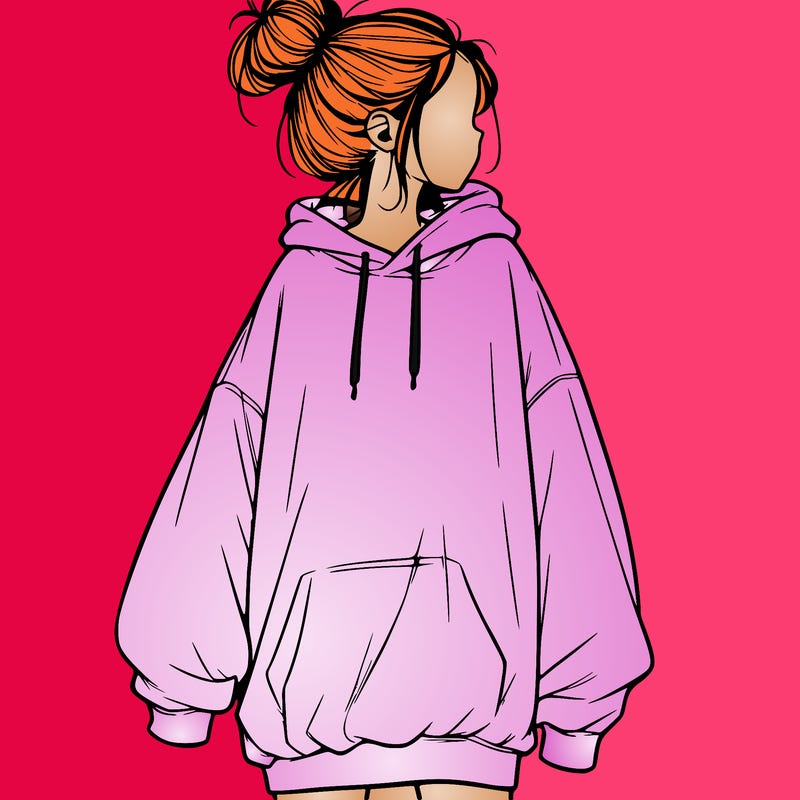 realistic girl with a oversized sweatshirt on and a bun