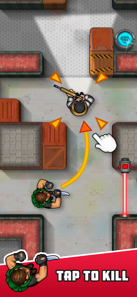 Hunter Assassin - Draufsicht eines Jägers, der sich in Hunter Assassin an einen Wächter heranschleicht