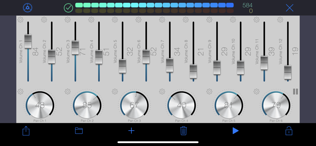Interface de l'application WiDI MIDI Studio présentant des faders de volume et des potentiomètres de panoramique pour le contrôle musical.