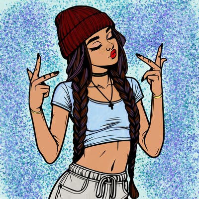 realistic teenage girl with braids and a beanie and crop top doing 🫶🏼