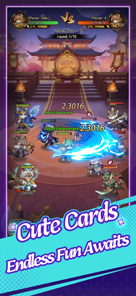 Cat Hero:GO - A vibrant card battle scene in Cat Hero GO featuring cute cat heroes and combat effects