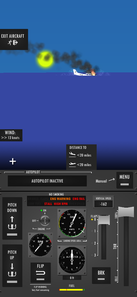 Screenshot of Flight Simulator 2D showing a plane crash in the ocean with a detailed cockpit instrument panel