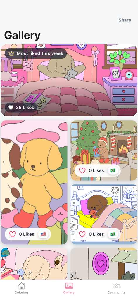 Una galería de páginas para colorear lindas y acogedoras dibujadas a mano con personajes kawaii en una aplicación de libro de colorear digital.