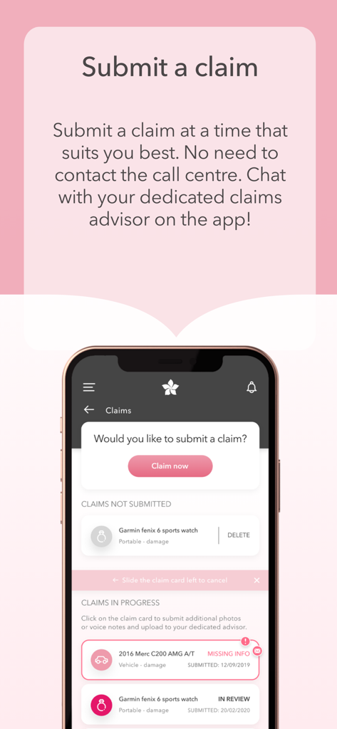 A smartphone displaying the 1st for Women app interface for submitting an insurance claim and tracking the status of existing claims.
