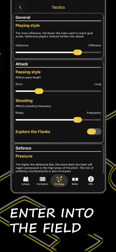 Be the Manager 2026: Soccer - Pantalla de estrategia de gestión de fútbol con controles deslizantes para el estilo de juego y la configuración de ataque.