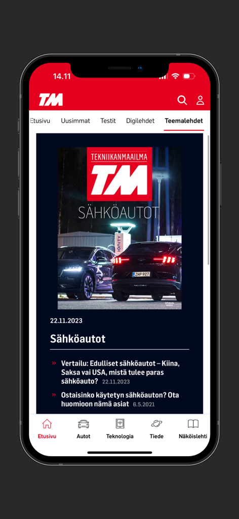 Tekniikan Maailma - Tekniikan Maailma app interface featuring an electric cars special report