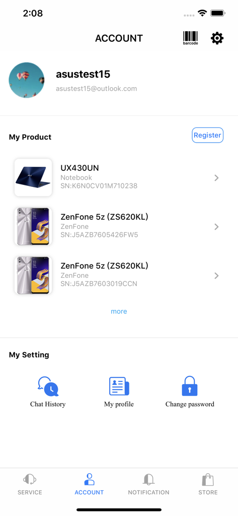 MyASUS - Account page in the MyASUS app displaying registered devices and profile settings