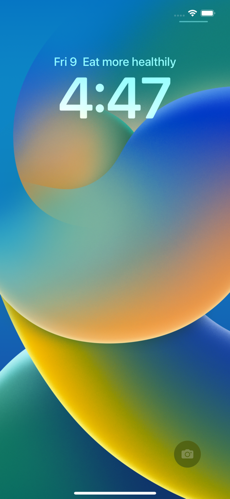 Any Text · Widgets - iPhone lock screen displaying a custom text widget with a healthy eating reminder above the time