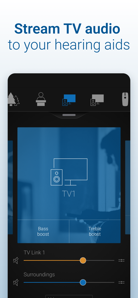 Interface do aplicativo Beltone HearPlus mostrando controles de streaming de áudio de TV com controles deslizantes de volume para TV Link 1 e ambiente de fundo.