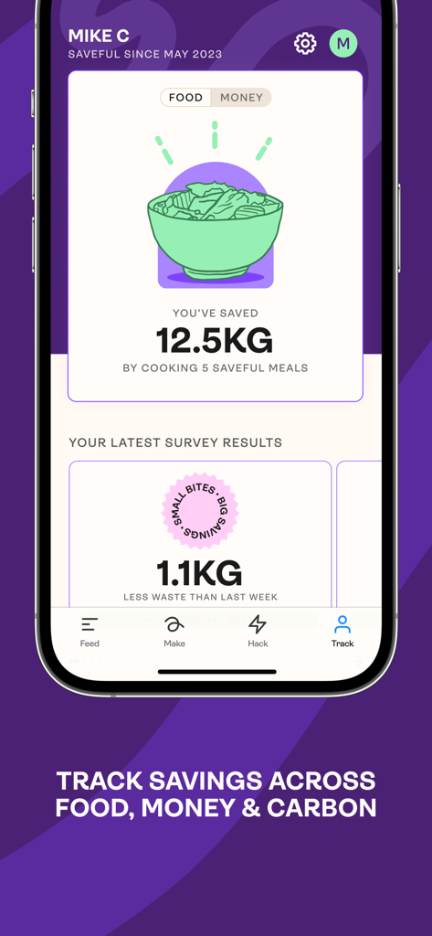 Saveful - Saveful app dashboard showing user statistics for food weight saved and waste reduction results