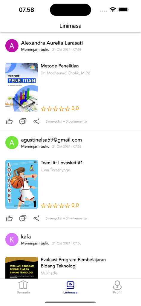 iPusnas - A social timeline in the iPusnas digital library app showing books borrowed by various users with social interaction icons