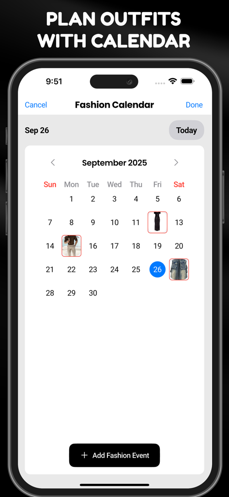 Interfaz de la aplicación Smart Closet con un calendario de moda para planificar y programar atuendos diarios y eventos de moda.