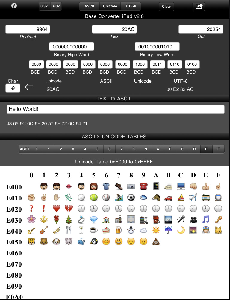 Base Converter for iPad - User interface of the Base Converter app for iPad showing numeric base conversions and a Unicode character table