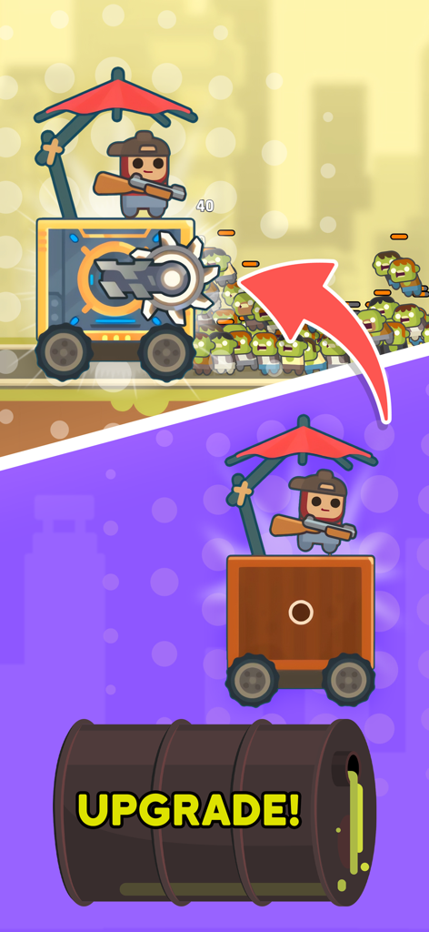 TDS - Tower Destiny Survive - Una torre móvil en TDS - Tower Destiny Survive siendo mejorada con armas para luchar contra una multitud de zombies.