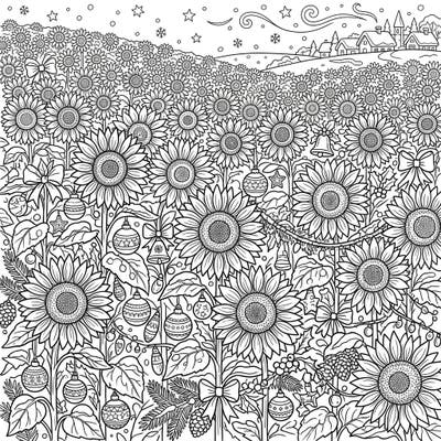 Step into a delightful scene where summer blooms meet winter wonder with this unique Christmas Sunflower Fields coloring page. Discover a whimsical fusion of vibrant sunflowers adorned with festive ornaments, perfect for a creative seasonal escape.