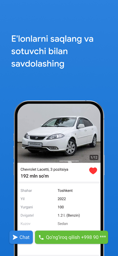 Avtoelon.uz — авто объявления - Mobile interface of Avtoelon app showing a white Chevrolet car listing with price and vehicle specifications