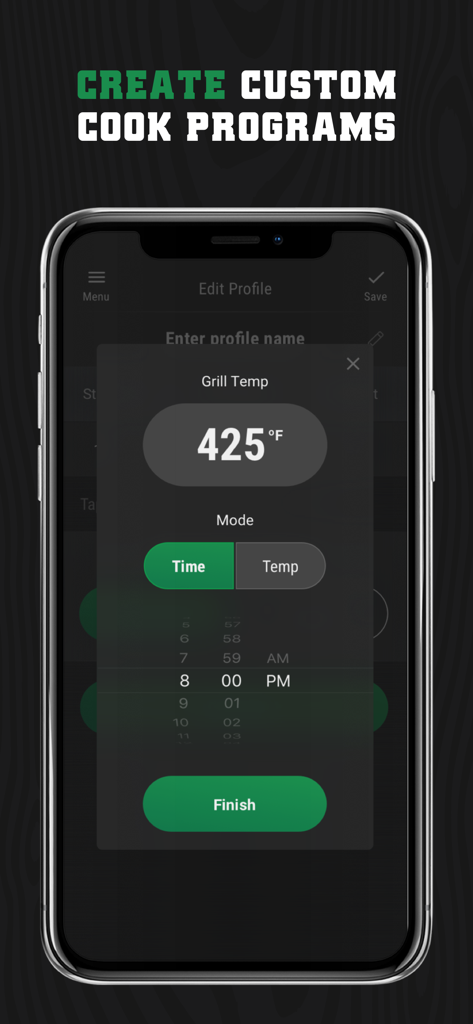 GMG Prime App - GMG Prime App-Oberfläche zum Erstellen benutzerdefinierter Kochprogramme mit Grilltemperatur- und Zeiteinstellungen