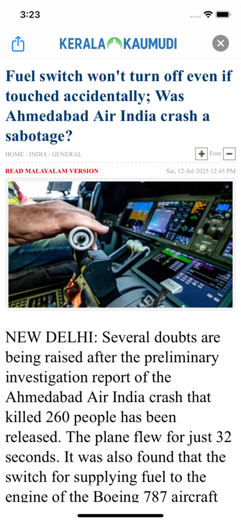 Kaumudi News - Kaumudi News app interface displaying a news article about an Air India crash investigation with a cockpit image.
