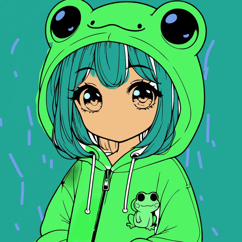 cute realistic girl in a froggy hoodie