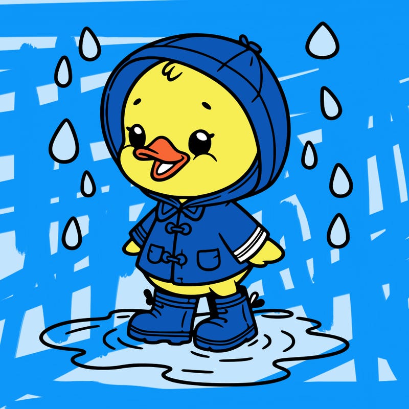 baby duck in a rain coat and boots, in a puddle while it’s raining