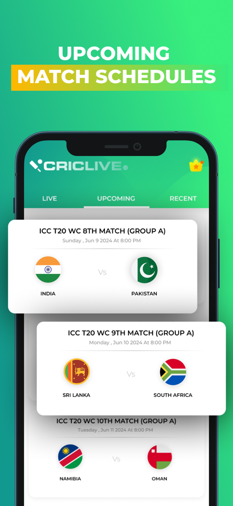 Upcoming cricket match schedule showing ICC T20 World Cup fixtures including India versus Pakistan