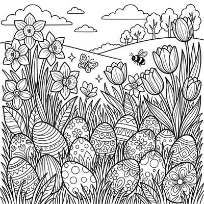 Discover the joy of spring and Easter with this charming coloring page, showcasing a field brimming with beautifully patterned eggs nestled among vibrant daffodils and tulips. It's the perfect scene to bring to life with your favorite colors, celebrating renewal and fun.