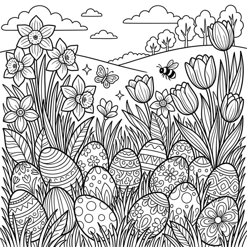 Discover the joy of spring and Easter with this charming coloring page, showcasing a field brimming with beautifully patterned eggs nestled among vibrant daffodils and tulips. It's the perfect scene to bring to life with your favorite colors, celebrating renewal and fun.