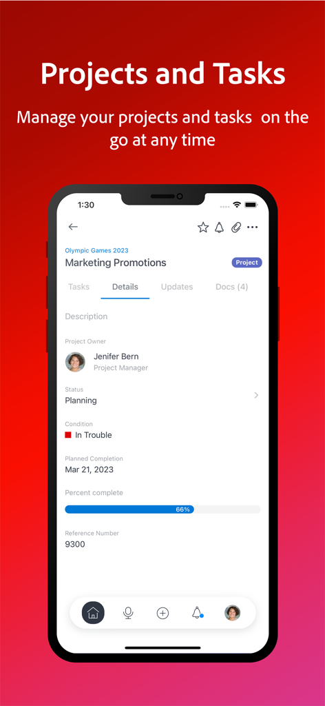 Adobe Workfront - 「マーケティングプロモーション」のプロジェクト詳細を表示するAdobe Workfrontモバイルアプリの画面