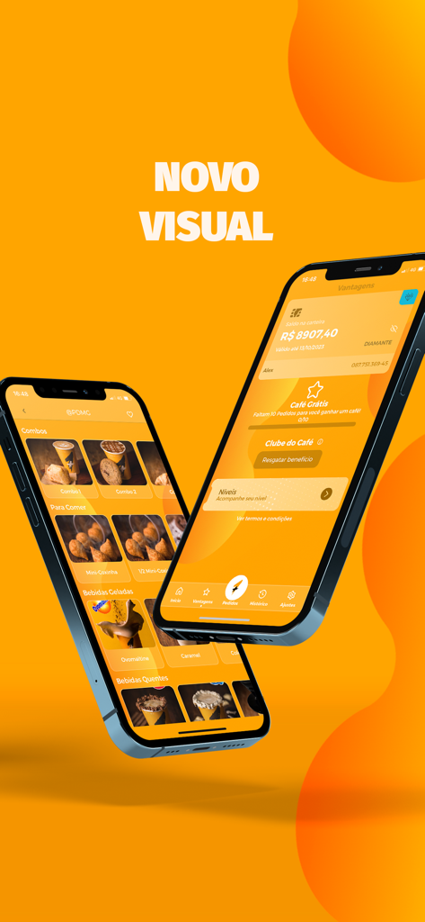 Mais1 Café - Mais1 Cafe mobile app screens showing coffee menu and loyalty reward wallet