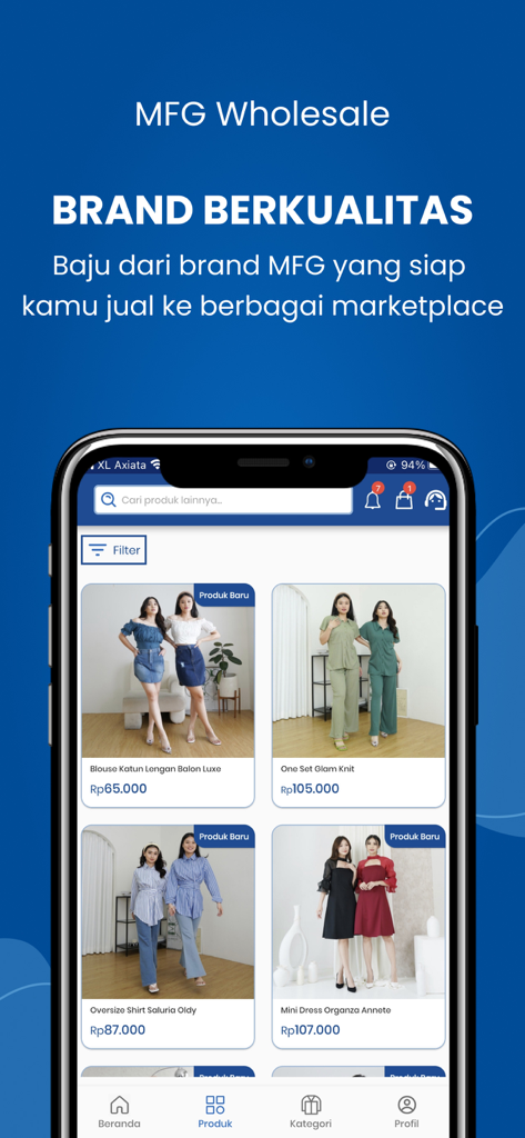 My Fashion Grosir-B2B Fashion - My Fashion Grosir app interface showing a catalog of wholesale clothing items for business resellers