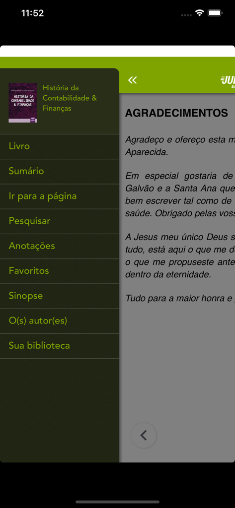 Juruá eBooks - Side navigation menu in Jurua eBooks app showing reading tools and technical content