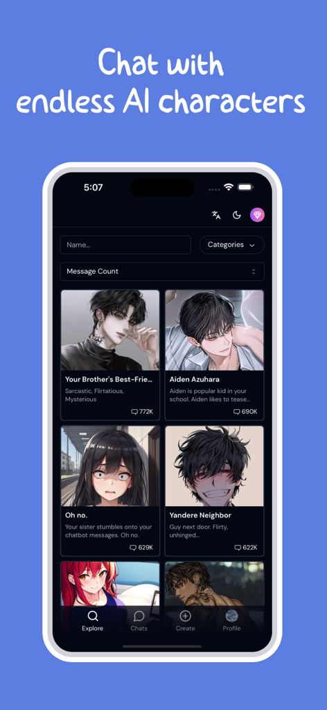Mobile app interface of Sakura AI Chat showing a grid of anime-style characters for interactive roleplay