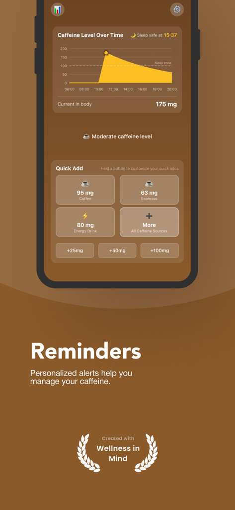 CaffeineTrack – Sleep Better - CaffeineTrack app interface showing a real-time caffeine decay graph and quick add buttons for coffee and energy drinks
