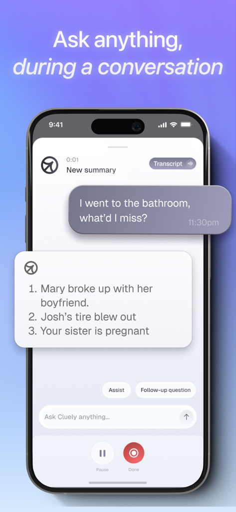 Smartphone screen showing Cluely AI providing a real time summary and assistance during a live conversation