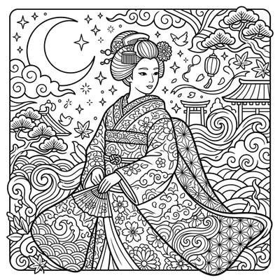 Step into a world of serene beauty with this captivating coloring page featuring a Maiko in a vibrant kimono under a mystical night sky. Intricate patterns and celestial elements await your creative touch.