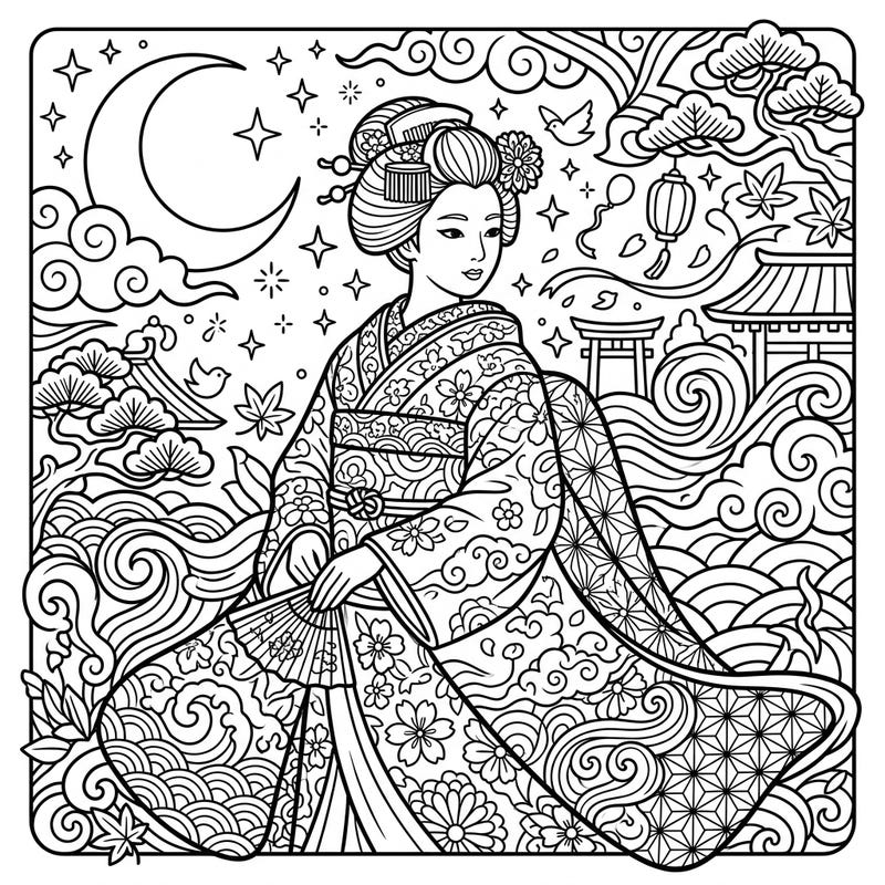 Step into a world of serene beauty with this captivating coloring page featuring a Maiko in a vibrant kimono under a mystical night sky. Intricate patterns and celestial elements await your creative touch.
