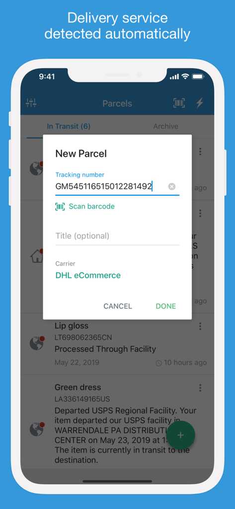 Packages - Track Your Parcels - A smartphone showing the Packages app interface with a new parcel entry window that automatically identifies DHL eCommerce from a tracking number.