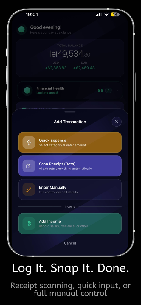 Expense & Budget Tracker: Lumi - Interface of the Lumi app showing transaction entry options including quick expense, AI receipt scanning, and manual entry.