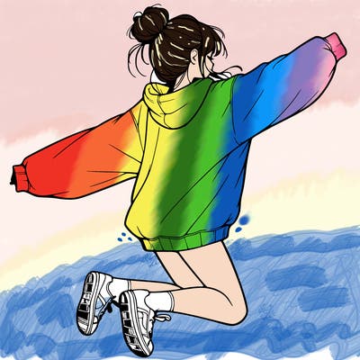 realistic girl jumping with a bun and oversized sweatshirt