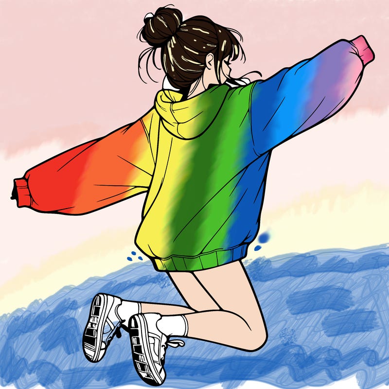 realistic girl jumping with a bun and oversized sweatshirt