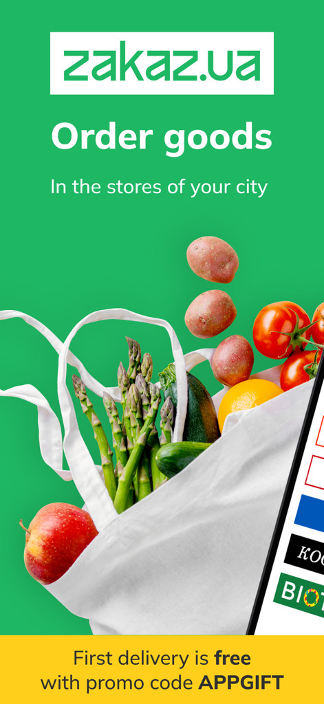 Zakaz.ua grocery delivery app - Zakaz.ua app home screen showing fresh groceries in a shopping bag and a free delivery promo code