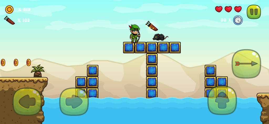 Archer's World - Archer's World gameplay showing the archer character Perm navigating a platformer level over water with monsters