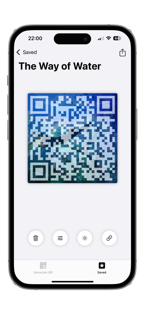 My QR - Un code QR personnalisé enregistré avec un arrière-plan d'image dans l'interface de l'application My QR.